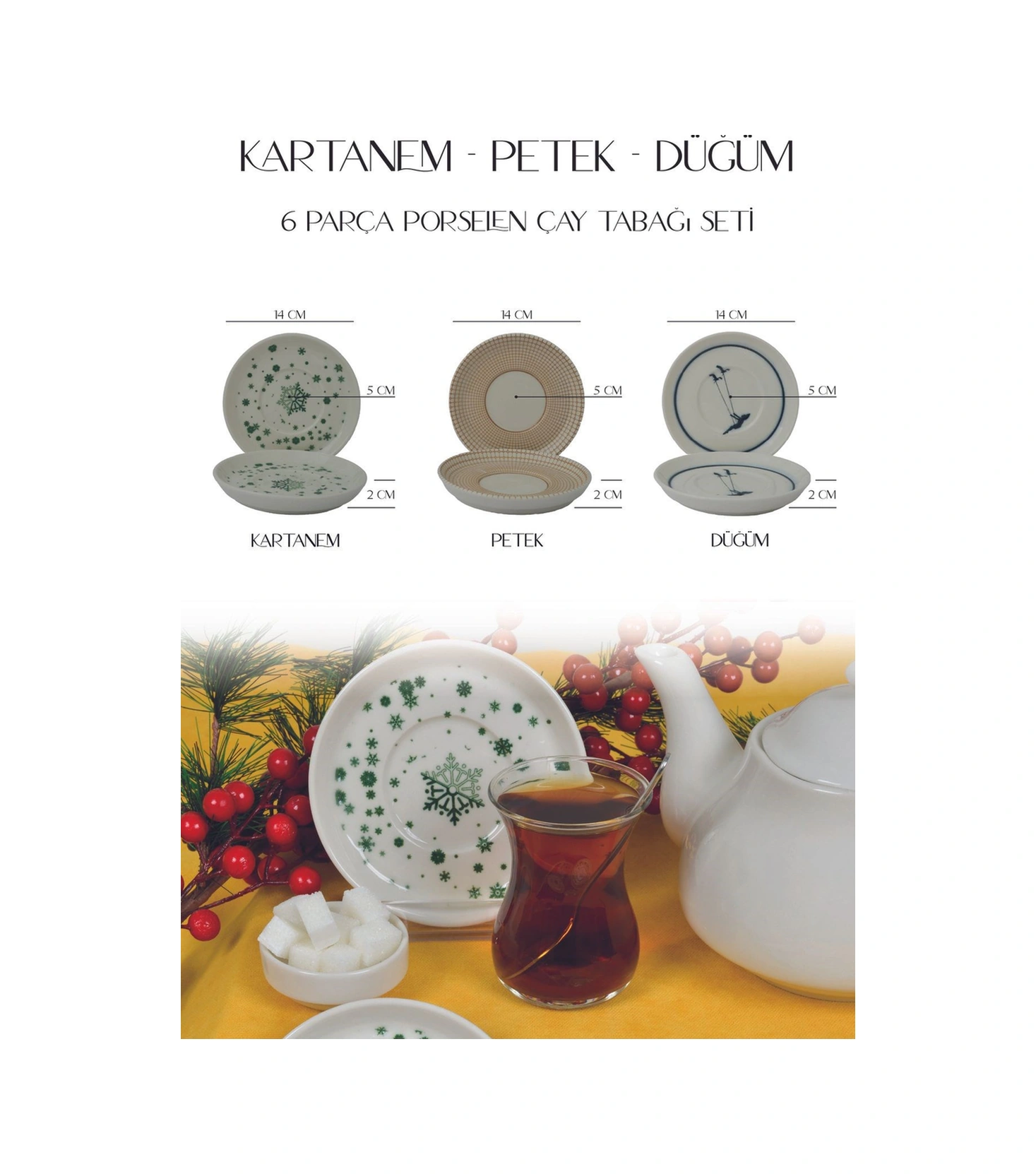 Kartanem 6'lı Porselen Çay Tabağı Seti Beyaz