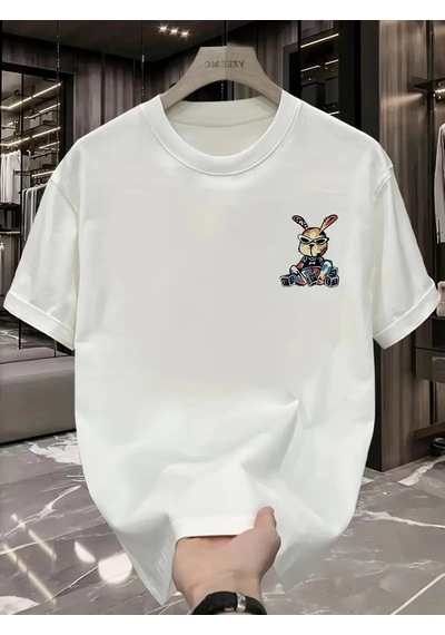 Barlashive Erkek T-shirt Tavşan Baskılı Kısa Kollu Tişört - Beyaz Çok Renkli