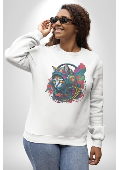 Kulaklık Kedi Müzik Tekir Unisex Beyaz Baskılı Sweatshirt Beyaz
