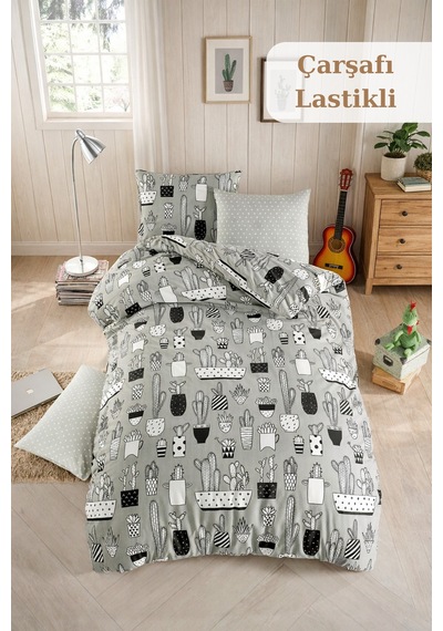 Çift Kişilik Kaktüs Desenli Gri Nevresim Takımı Lastikli Çarşaflı 200 X 220 Cm Beyaz