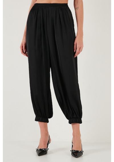 Lela Comfort Fit Yüksek Bel Lastikli Paça Saten Bayan Pantolon 68351217 Siyah