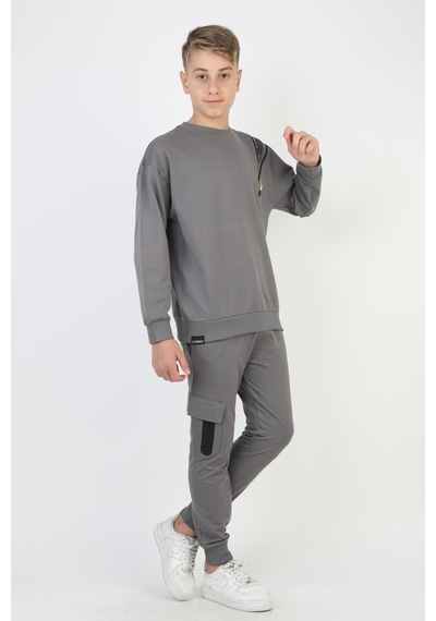 Mevsimlik Respect Baskılı 2 İplik %100 Pamuk 2 İplik Uzun Kollu Erkek Çocuk Sweatshirt-90932 Füme