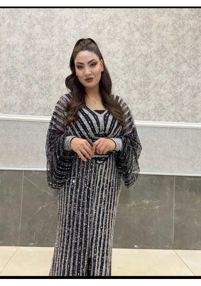 Tesettür Abiye 38 50 Beden Gümüş - Siyah