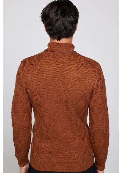 Tudors Slim Fit Dar Kesim Tam Balıkçı Yaka Desenli Kahverengi Erkek Triko Kazak-29716-kahverengi Kahverengi