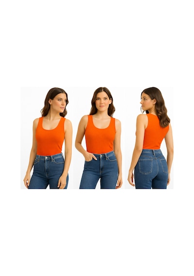 İngegno Body Geniş Bisiklet Yaka Sıfır Kol Viskon Örme Ring Kumaş Body Kadın Turuncu