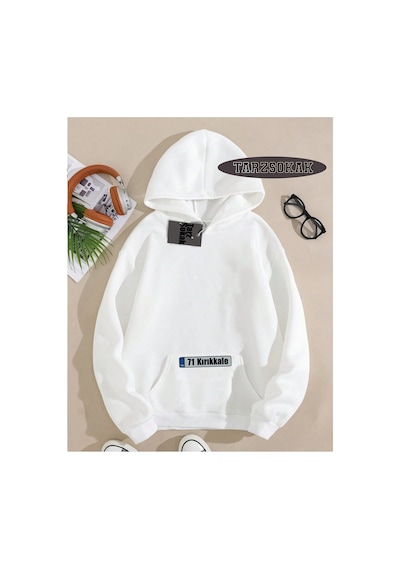 Tarzsokak Kapşonlu Sweatshirt Beyaz 71 Kırıkkale Özel Tasarım Plaka Detaylı