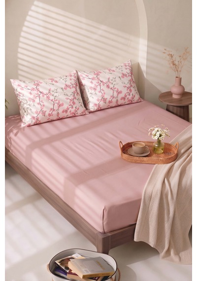 Pudra Pembe Sakura Çift Kişilik Lastikli Çarşaf Takımı 160x200 Cm - 3 Parça Çok Renkli