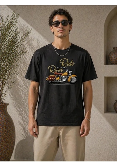 Modi Erkek Motosiklet Baskılı Tişört Bisiklet Yaka Kısa Kol Yazlık T-shirt - Siyah Açık Lacivert - Gri - Siyah