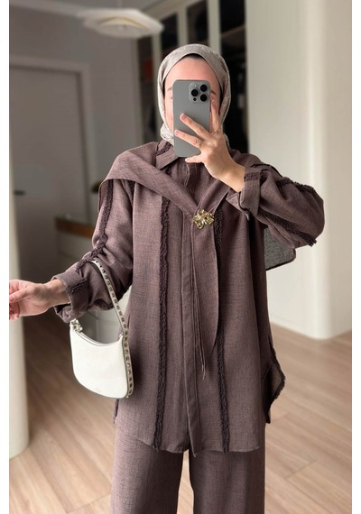 Ka Hijab Omuz Fular Detaylı 3'lü Takım - Kahverengi