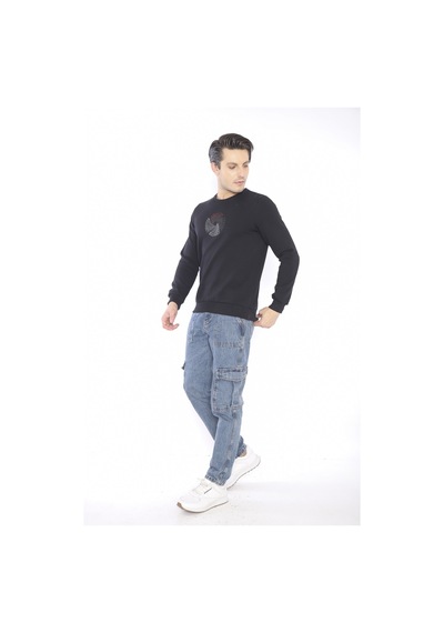 Escetic Erkek Spor Slimfit, Bisiklet Yaka Siyah Sweatshirt-4264 Siyah