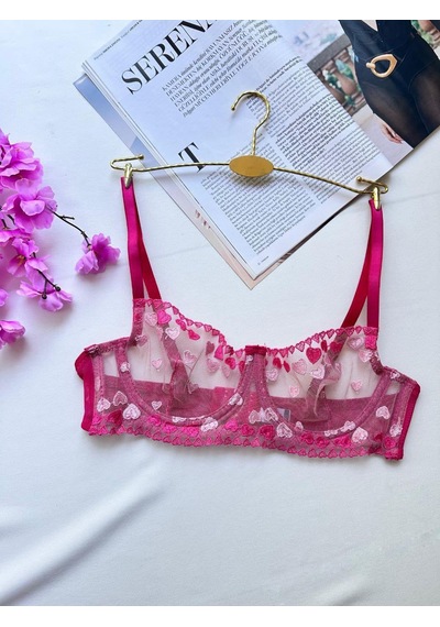 Pembe Kalpli Balenli Dantelli Sütyen Tanga Takımı - Fantezi İç Giyim Pembe