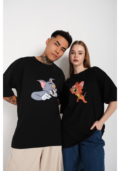 Flood Of Style Siyah Unisex Ikili Tom Ve Jery Baskılı Oversize T-shirt