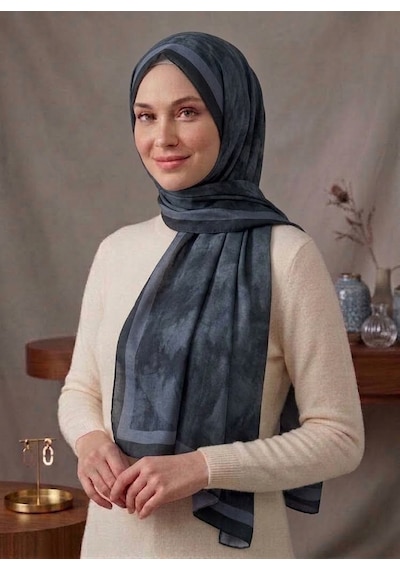 Alivascarf Bulut Desen Bambu Şal Yeni Pamuk Trend Şal Siyah-Gri