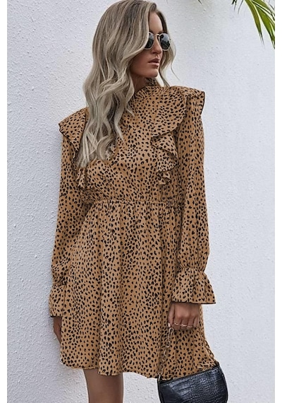 Nnstartshopping Kadın Uzun Kollu Yaka Ve Sırt Fırfır Detay Mikro Mini Boy Elbise Leopar