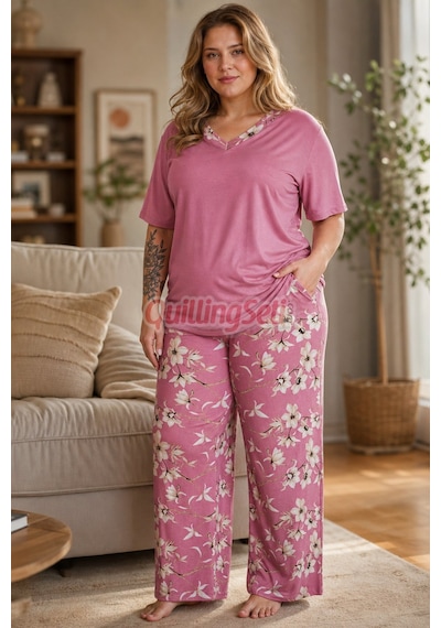 Lady Pembe Renk, Çiçek Desenli 11060 Kısa Kol Kadın Büyük Beden Anne Pijama Takımı