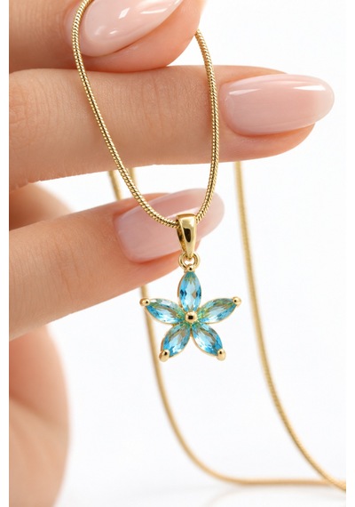 Mavi Taşlı Lotus Çiçeği Kolye Çelik Gold, Mavi