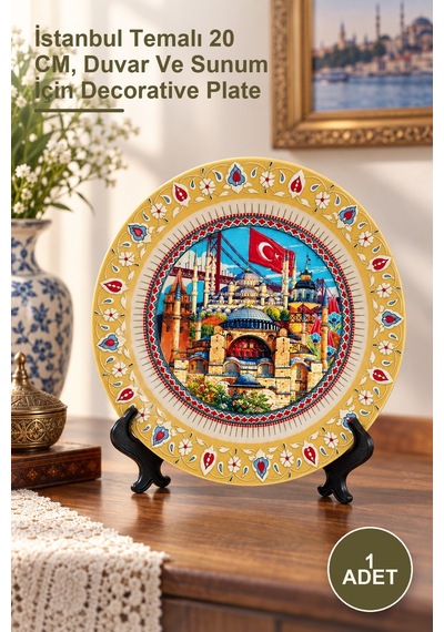 1 Adet Porselen Dekoratif Tabak İstanbul Temalı 20 Cm, Duvar Ve Sunum İçin Decorative Plate