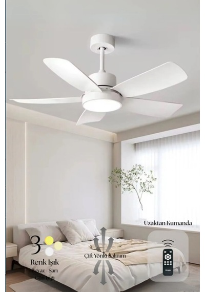 Hoogar German Beyaz 110 Cm 5 Kanatlı Süper Sessiz 3 Renk Uzaktan Kumandalı Tavan Vantilatörü Dc Motor