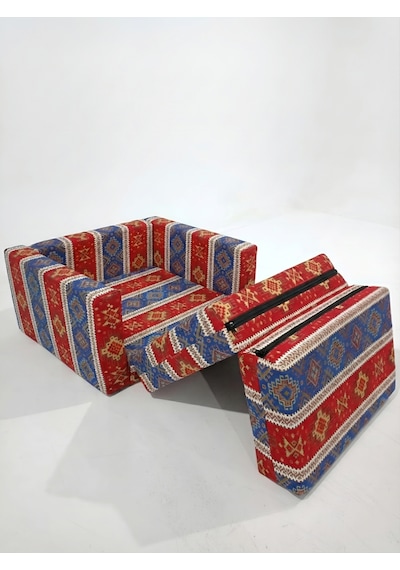 Çocuk Koltuğu Komple Sünger Katlanabilir Yataklı Minder Yatak 0-4 Yaş Mavi Kilim Desen Standart