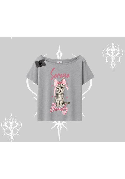 Startmore Startmore Serene Beauty Kedi Baskılı Kayık Yaka Tshirt Gri
