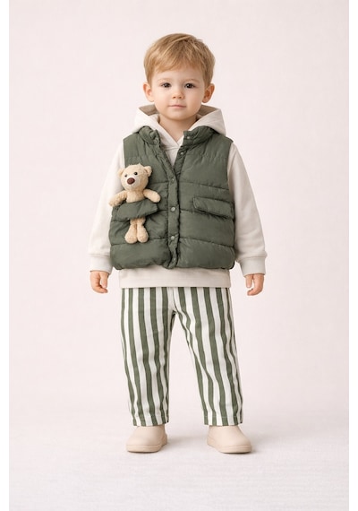 Harika Kids Erkek Bebek 3 Lü Takım 9-24 Ay Şişme Yelek %100 Pamuk Sweatshirt Gabardin Pantolon Yeşil