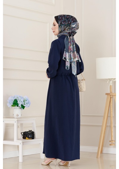 Sevitli Cep Detaylı Cepkenli Ela Elbise-lacivert-5079