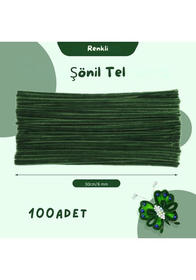 Şönil Tel, El İşi, Dıy, Hobi Ve Çiçek Yapım Teli, Haki Yeşil, 100 Adet, 6 Mm - 30 Cm