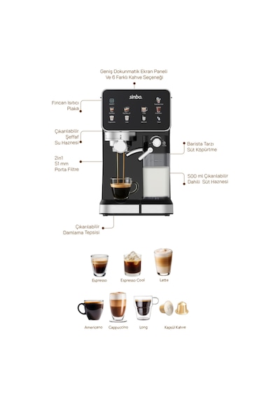 Sinbo SCM 2995 Pro 20 Bar Basınç Süt Haznesi Dokunmatik Kapsüllü & Toz Kahve Espresso Makinesi