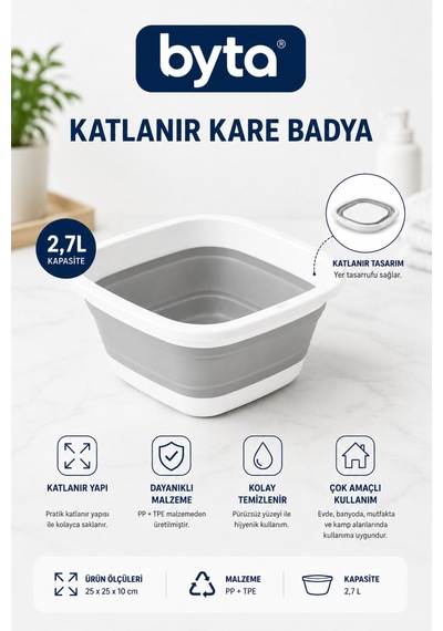 Katlanabilir Kare Badya 2,7 L Küçük Boy Çok Amaçlı Meyve Sebze Ve Bulaşık Yıkama Kabı Gri