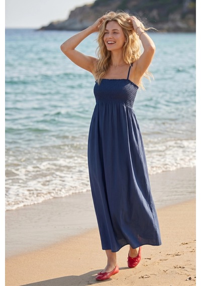 Pastelastore Koyu Lacivert Uzun Pamuklu Astarsız Yaz Elbisesi Askılı Pastelastore Koyu Lacivert Uzun Pamuklu Astarsız Yaz Elbisesi Askılı