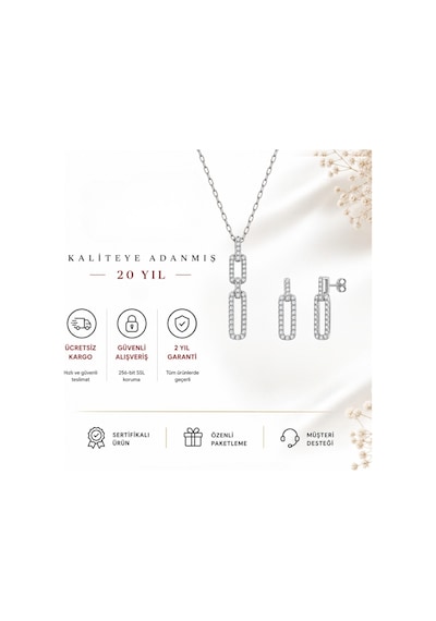 Servi 925 Ayar Gümüş Chain Glow Işıltılı Ataç Kolye Ve Küpe Set-545