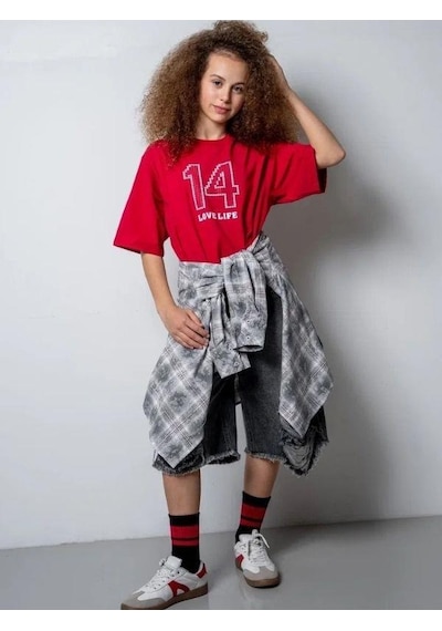 Zekids Kız Çocuk 14 Lıfe Yazılı Pamuklu Tshirt-15795 Kırmızı