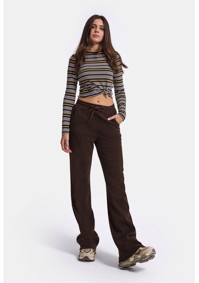 Kadın Acı Kahve W6-81 Flare Fit İnce Fitilli Esnek Velvet Kadife Kumaş Pantolon Acı Kahverengi