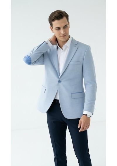Plus Scorpion Erkek Kolu Yamalı Blazer Ceket Bebe Mavi Renk, İtalyan Kesim Şık Ve Modern Tasarım Bebe Mavisi