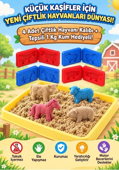 Çiftlik Hayvanları Kinetik Kum 1000 Gr 6 Adet 3d Kalıplı Ve Kum Havuzlu Kurumaz Oyuncak Kum Seti