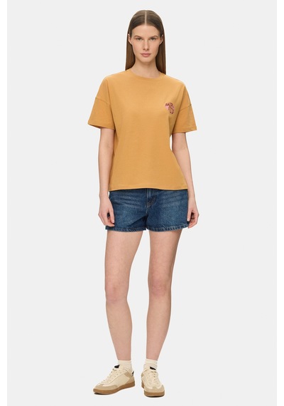 Ucla Marıluz Açık Turuncu Bisiklet Yaka Baskılı %100 Pamuk Loose Fit Kadın Tshirt