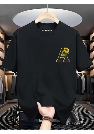 Çiçekli A Baskılı Oversize Tişört SIYAH