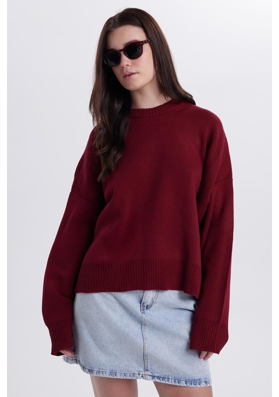 Tudors Kadın Oversize Geniş Kesim Bisiklet Yaka Bordo Kazak-41709