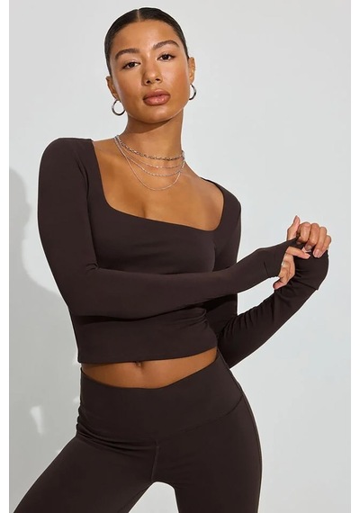 Seeh Kahverengi Kare Yaka Uzun Kollu Kadın Body Sh206
