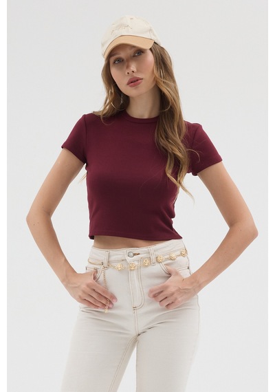 Urbantrendstore Kadın Bisiklet Yaka Likralı Kısa Kol Body Crop Bluz Günlük Şık Sade Yazlık Casual Crop Kadın Crop Bordo