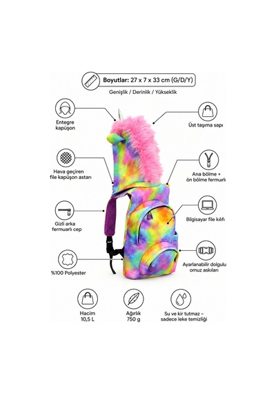 Unisex Çocuk Su Geçirmez Unicorn Tasarımlı Çıkarılabilir Kapüşonlu Sırt Çantası Çok Renkli