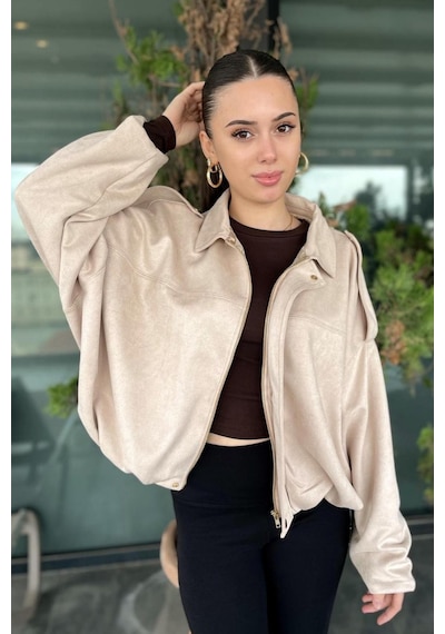 Prifaldi Premium Oversize Bej Süet Bomber Ceket