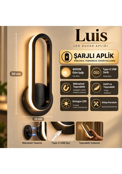 Luis Şarjlı Modern Led Duvar Apliği Günışığı Taşınabilir Usb Siyah