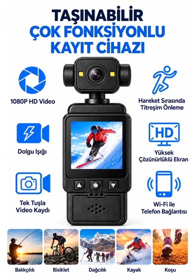 1080p Hd Video Aksiyon Kamerası Wifi İle Telefon Bağlantısı Hareket Sırasında Titreşim Önleme 2.0 İnç Ekran Dolgu Işığı
