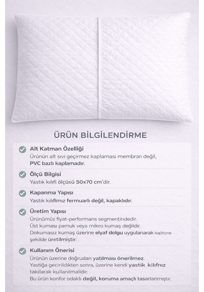 2 Adet Kapitone %100 Sıvı Su Geçirmez Yastık Alezi 50x70 Ebat Kapaklı Beyaz