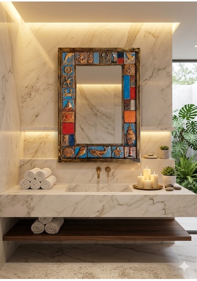El Yapımı Deniz Temalı Dekoratif Ayna Seramik Çerçeveli, Rustik & Bohem Duvar Aynası Banyo, Antre, Salon 74x51cm Ahşap