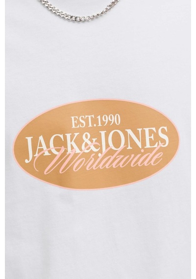 Jack & Jones Jorcatskılls Front Baskılı Erkek Tişört Bisiklet Yaka Kısa Kollu Beyaz