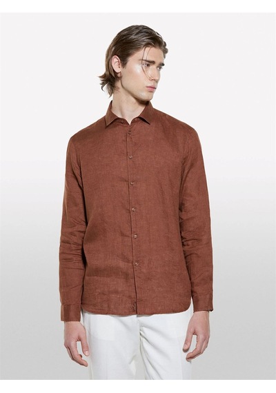 Sisley %100 Keten Regular Fit Gömlek Erkek Kahverengi Gömlek - 325p5bkusq029