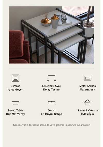 Vela 3'lü Zigon Sehpa Metal Karkas, İç İçe Geçen Sehpa Seti Beyaz