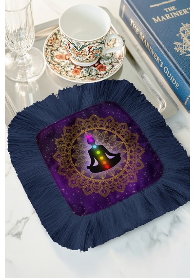 Mandala Saçaklı Sunum Peçetesi - Meditasyon Temalı Bohem Mor Lacivert Bardak Altlığı Mendil Çok Renkli